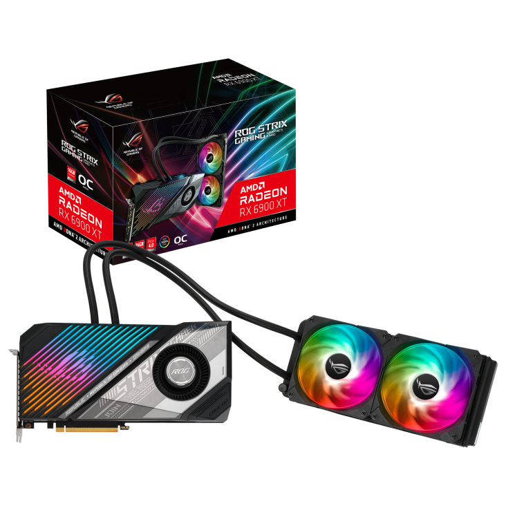 ROG-STRIX-LC-RX6900XT-O16G-GAMING packaging and graphics card