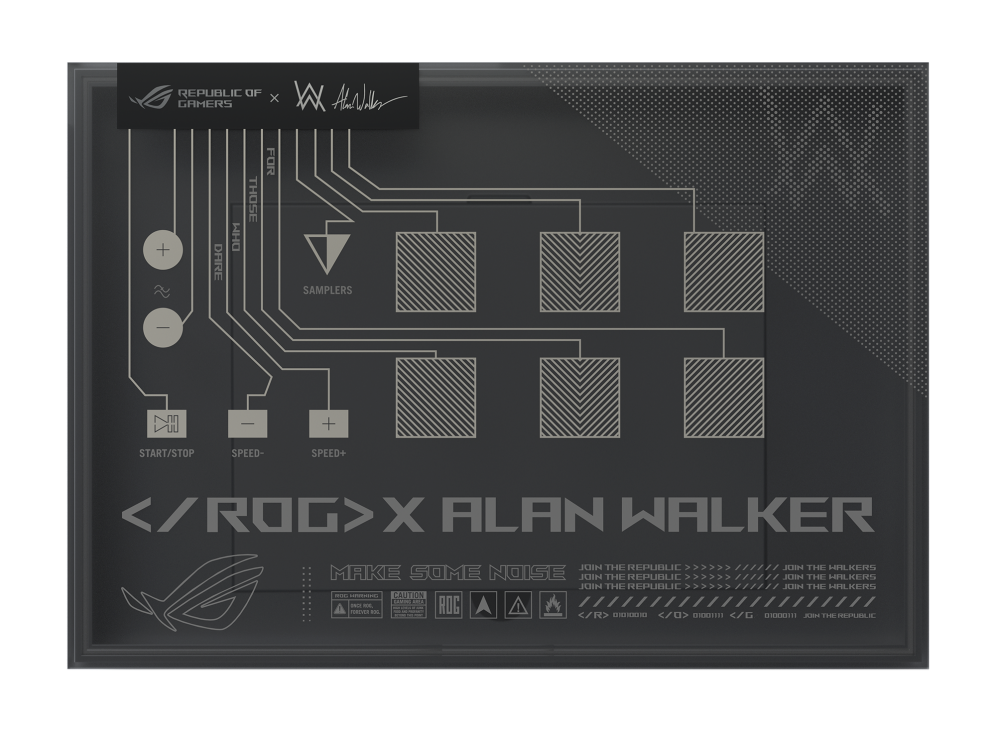 Top down view of the ROG Remix, a special DJ creation tool bundled with the Zephyrus G14 Alan Walker Special Edition laptop. Play, stop, speed, and sample buttons are prominently featured.