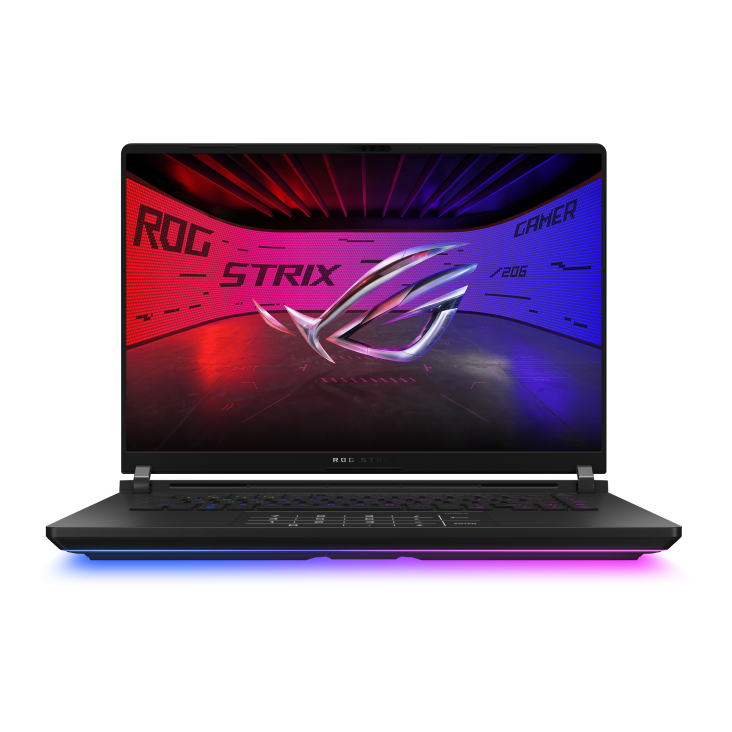 Front view of the Strix SCAR 18, with the ROG Fearless Eye logo visible on screen and the keyboard visible