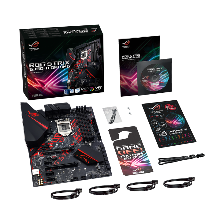 ROG STRIX B360-H GAMING top view with what’s inside the box