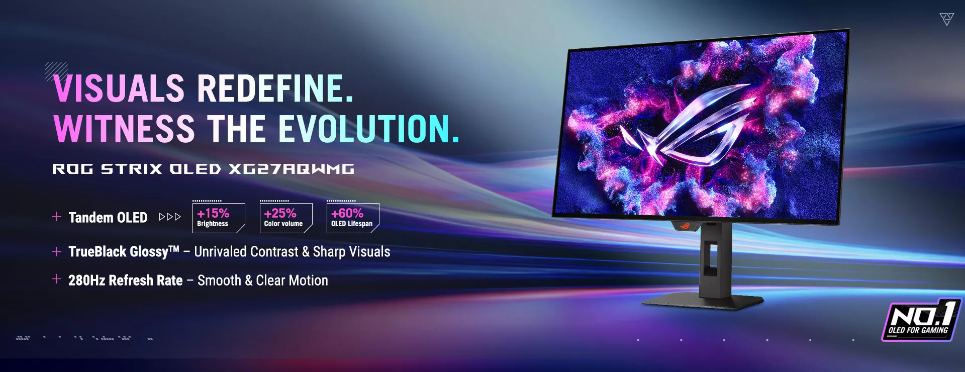 ROG Strix OLED XG27AQWMG key visual showing the monitor on the right, vivid neon streaks in the background, and bold gradient text “Visuals Redefine. Witness the Evolution.” on the left with feature highlights below, plus a “No.1 OLED for Gaming” icon in the lower right corner.
