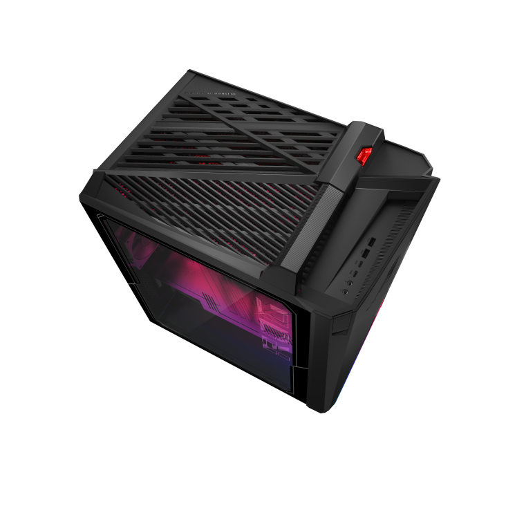 The ROG Strix GT35 desktop is tilted to the right and viewed from above, with a transparent case revealing the internal structure of the computer