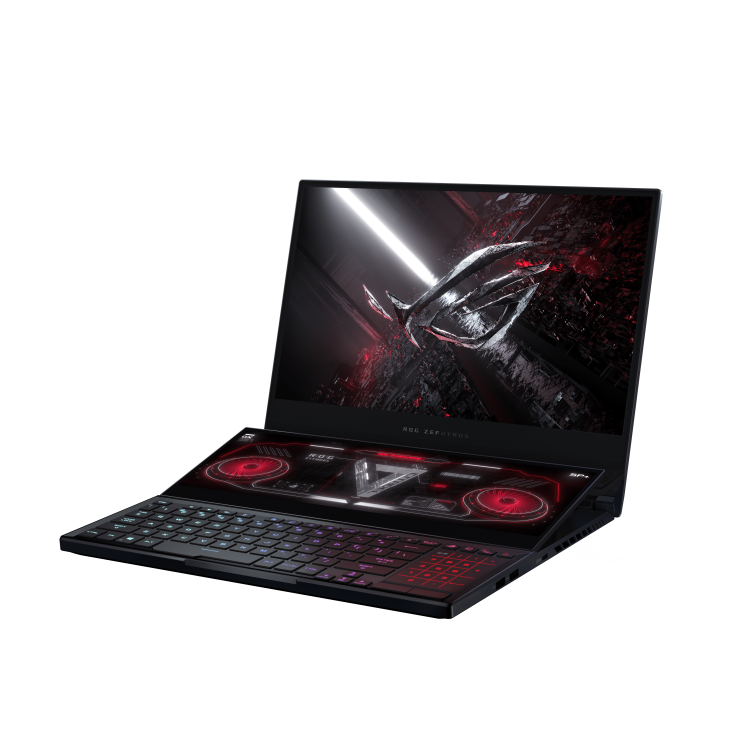 Off center front view of the ROG Zephyrus Duo 15 Special Edition with the ROG logo on screen.