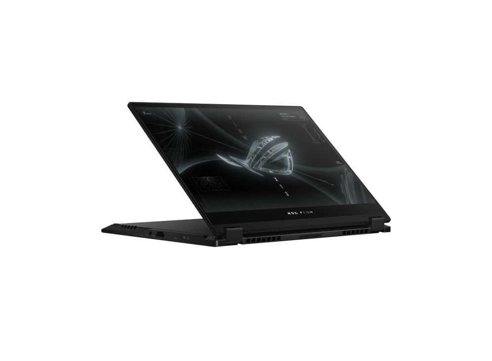 Flow X13 laptop, with the screen extended farther than 270° and the keyboard facing downward, with the ROG "Fearless Eye" logo on screen.