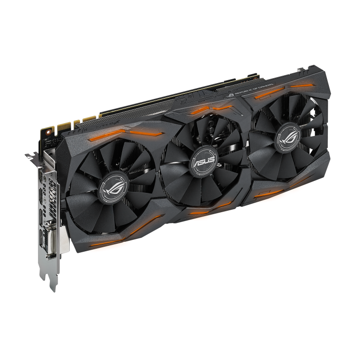 ROG-STRIX-GTX1080-O8G-GAMING graphics card, angled top down view, highlighting the fans, ARGB element, and I/O ports