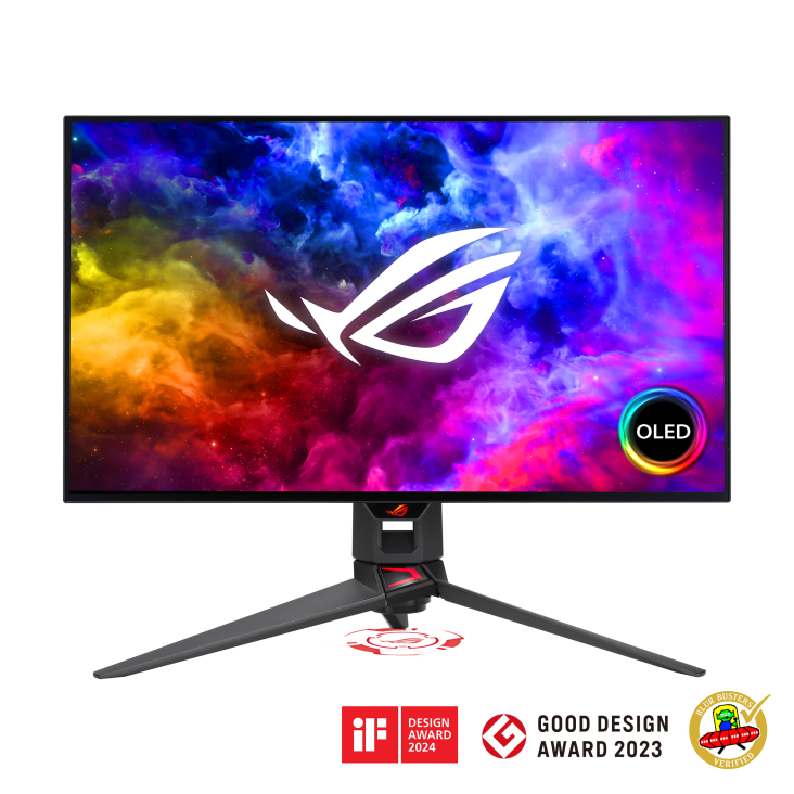 The ROG Swift OLED PG27AQDM monitor front image with Good design 2023 award, blur busters verified, and IF design award 2024 logos.