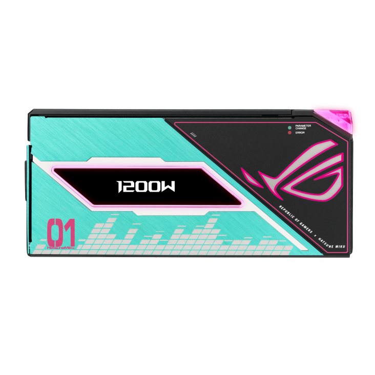 ROG Thor 1200W Platinum III Hatsune Miku Edition right side with magnetic OLED display showing 1200W