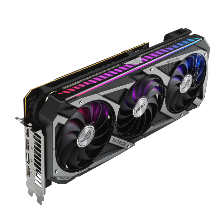 ROG-STRIX-RX6800-O16G-GAMING graphics card, angled top down view, highlighting the fans, ARGB element, and I/O ports