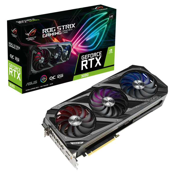ROG Strix GeForce RTX™ 3080 OC Edition graphics card and packaging