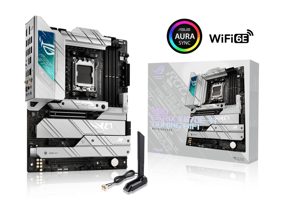 ROG STRIX X670E-A GAMING WIFI angled view from left with the box and Aura Sync