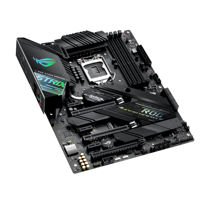 ROG STRIX Z490-F GAMING top and angled view from left