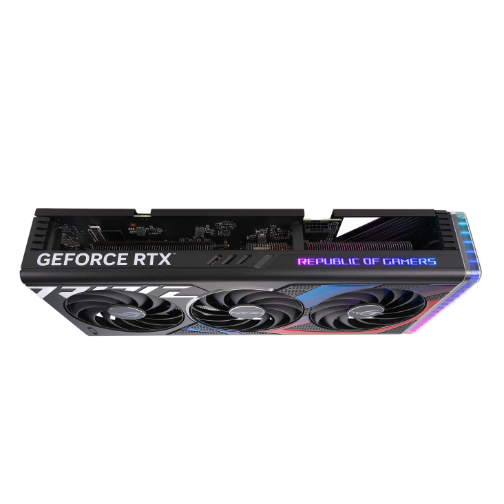 ROG Strix GeForce RTX 4070 SUPER angled top view, showing off the ARGB element