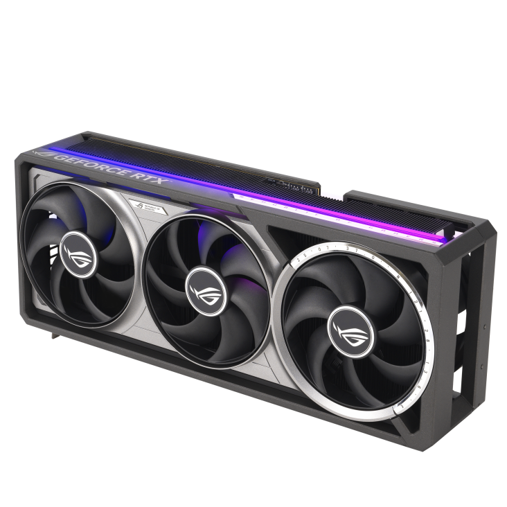 ROG Astral GeForce RTX™ 5080 16GB GDDR7 OC Edition_angled top down view focous on fans+lighting