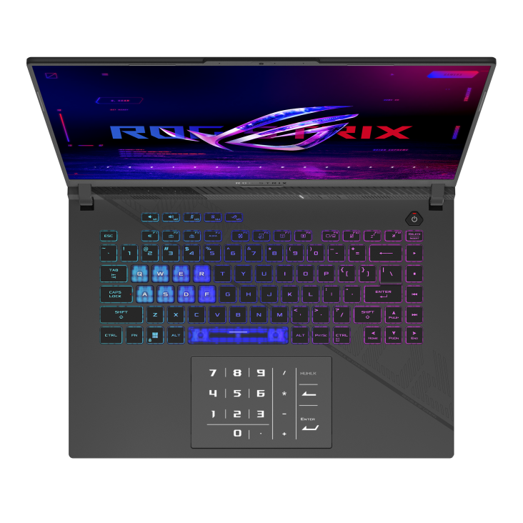 Top down view of the Strix G16 with 4-zone keyboard