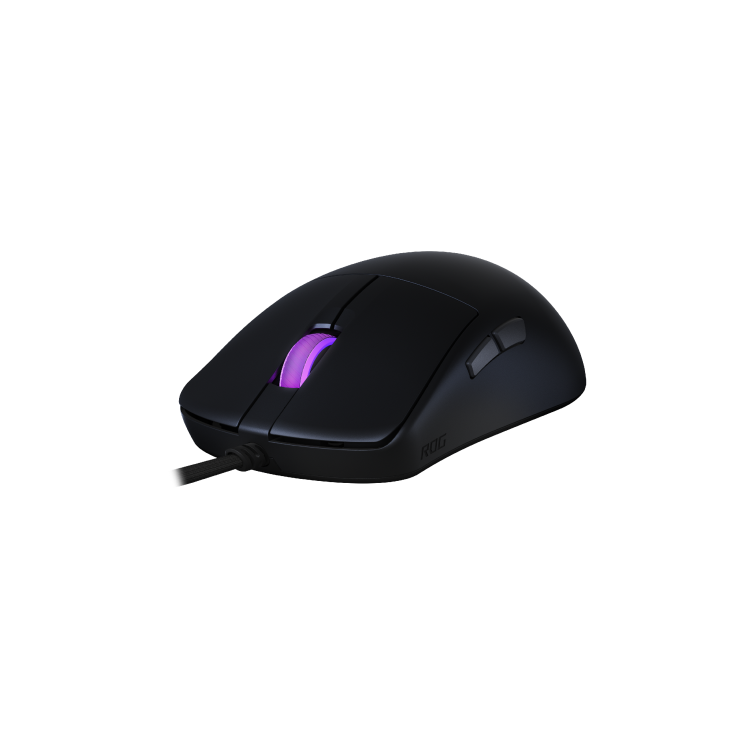 Angled top view of the ROG Harpe Mini Core, showing the scroll wheel and side buttons.