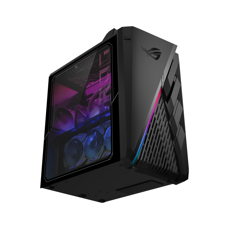 The ROG Strix GT35 desktop is tilted to the right and viewed from below, with a transparent case revealing the internal structure of the computer