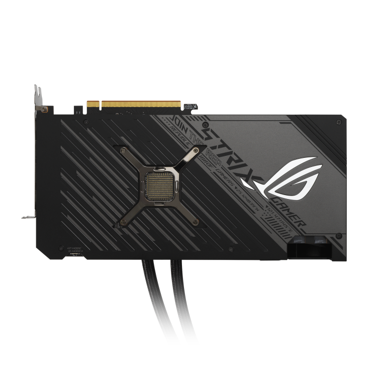 ROG-STRIX-LC-RX6900XT-T16G-GAMING graphics card, rear view with AIO tubes