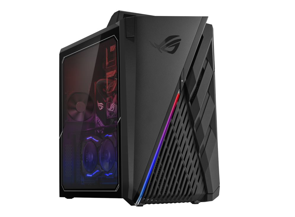 Off center front view of the ROG Strix GT35 G35, with RGB visible on the front and in the interior.