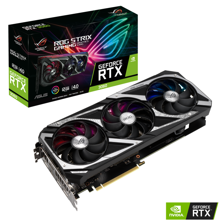 ROG-STRIX-RTX3060-12G-V2-GAMING graphics card and packaging with NVIDIA logo