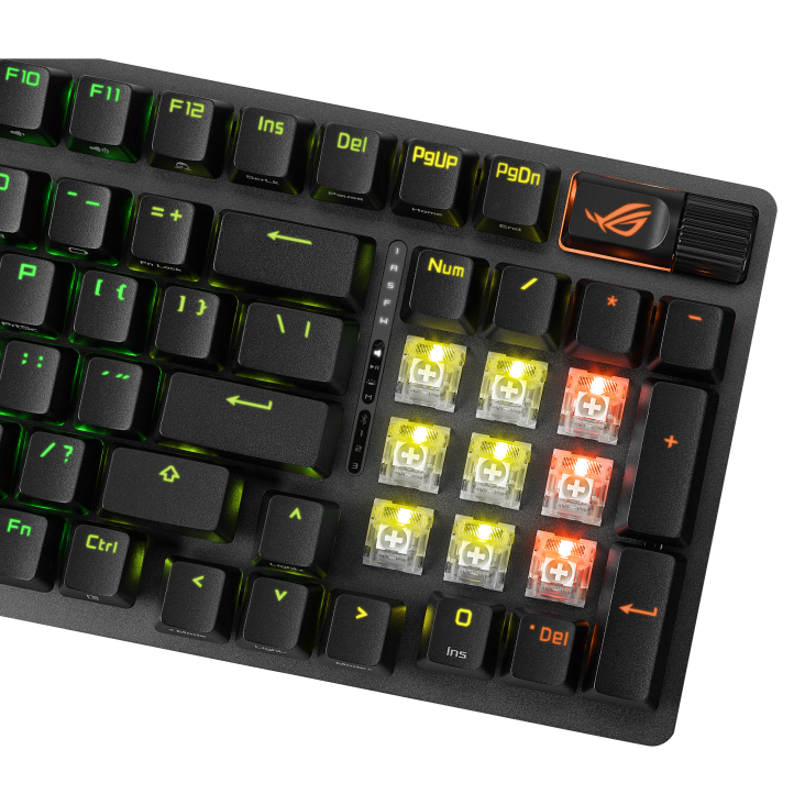 ROG Strix Scope II 96 Wireless – close-up on the numpad area with some keycaps removed to show the ROG NX Snow switches
