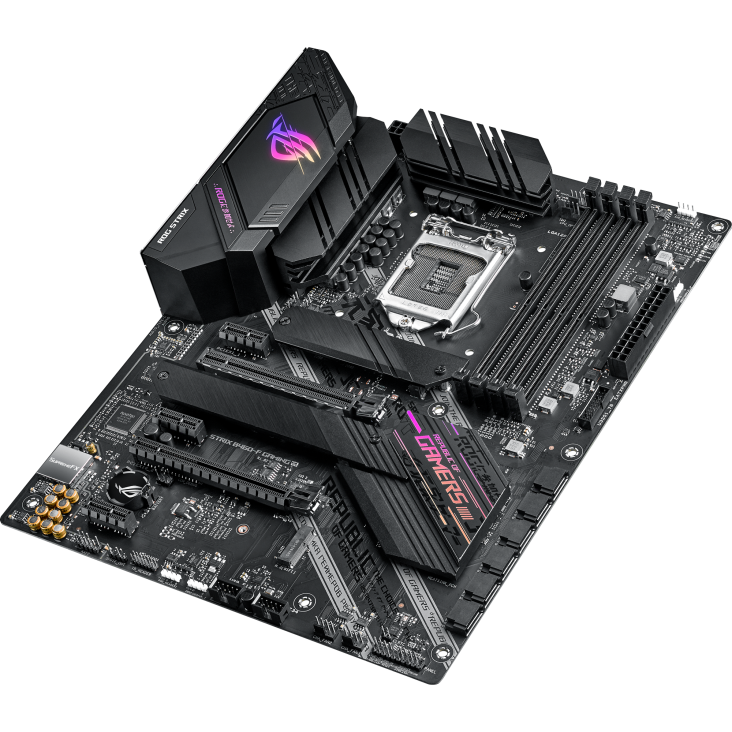 ROG STRIX B460-F GAMING top and angled view from right