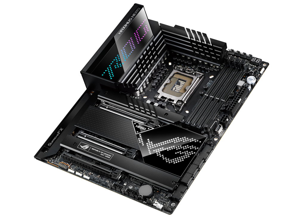 ROG MAXIMUS Z690 HERO top and angled view from right