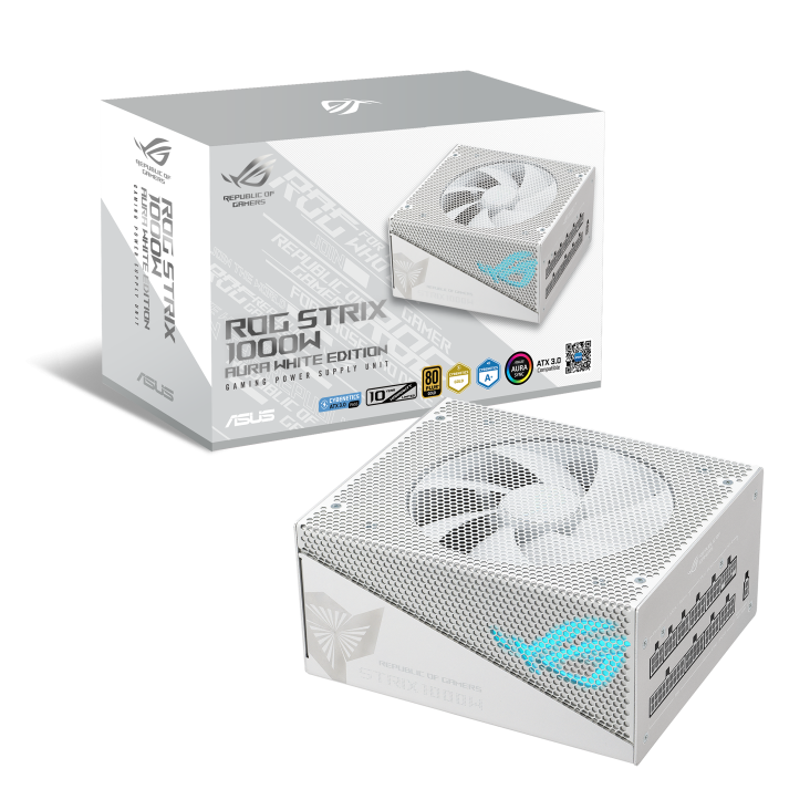 ROG Strix 1000W Gold Aura White Edition with its colorbox