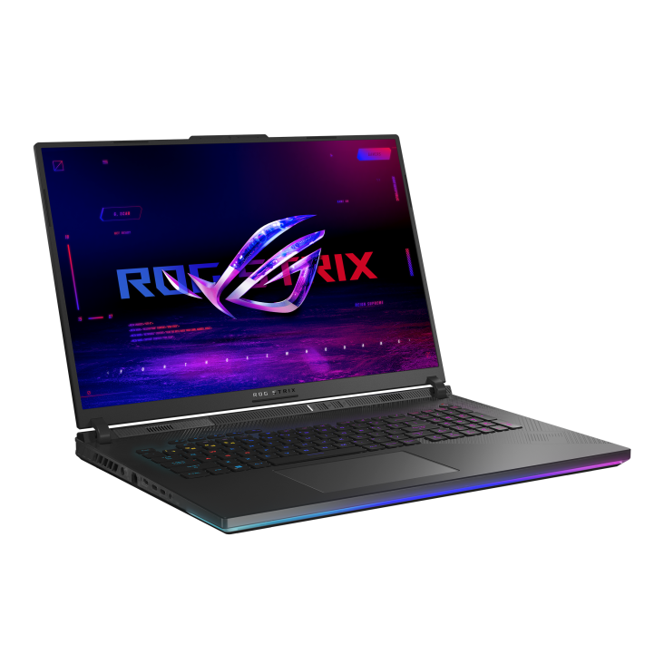 Off center shot of the front of the Strix SCAR 18, with the ROG Fearless Eye logo on screen