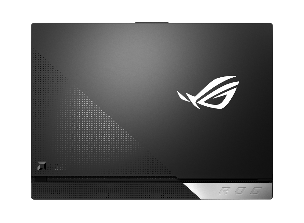 Top down view of the ROG Strix G15 Advantage Edition with the lid closed, with emphasis on the silver Armor Cap.