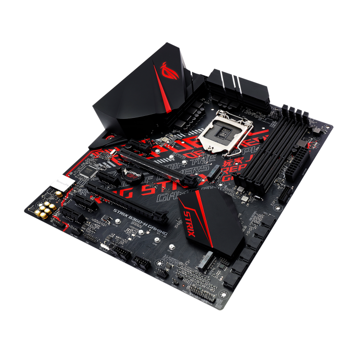 ROG STRIX B360-H GAMING top and angled view from right