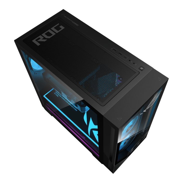 The ROG G700 desktop is tilted to the right and viewed from above, with a transparent case revealing the internal structure of the computer