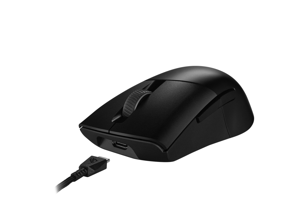 ROG Keris Wireless AimPoint Black – angled view from the front with USB Type-C Cord