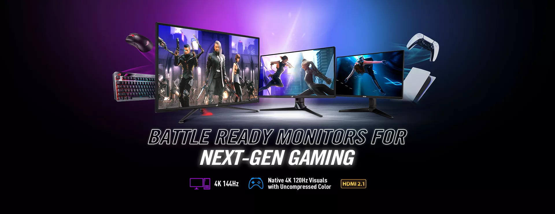 ROG and TUF Gaming ture HDMI 2.1 series monitor lineup photo with compatible game console, gaming keyboard and gaming mouse in the background