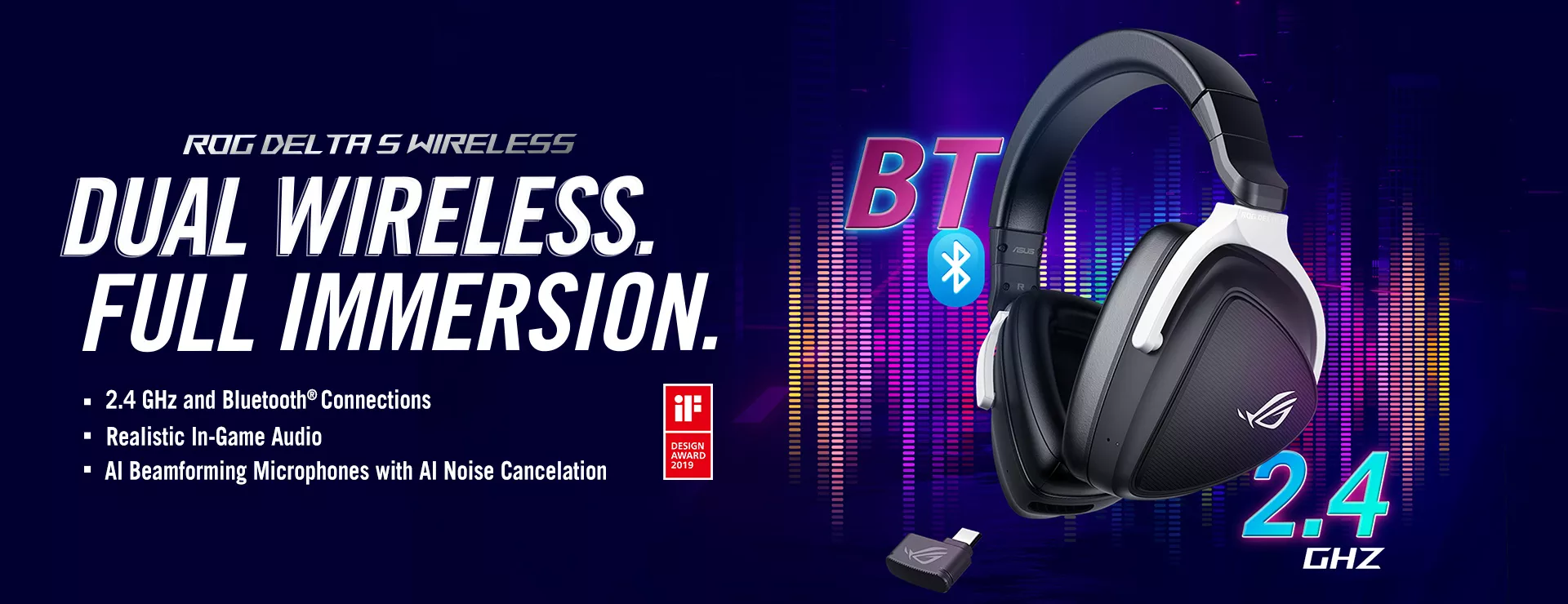 ROG Delta S Wireless in the middle of the sound wave with BT, which means Bluetooth connection, and 2.4 GHz, which means 2.4 GHz connection, on the left and right side to highlight the dual wireless connectivity.