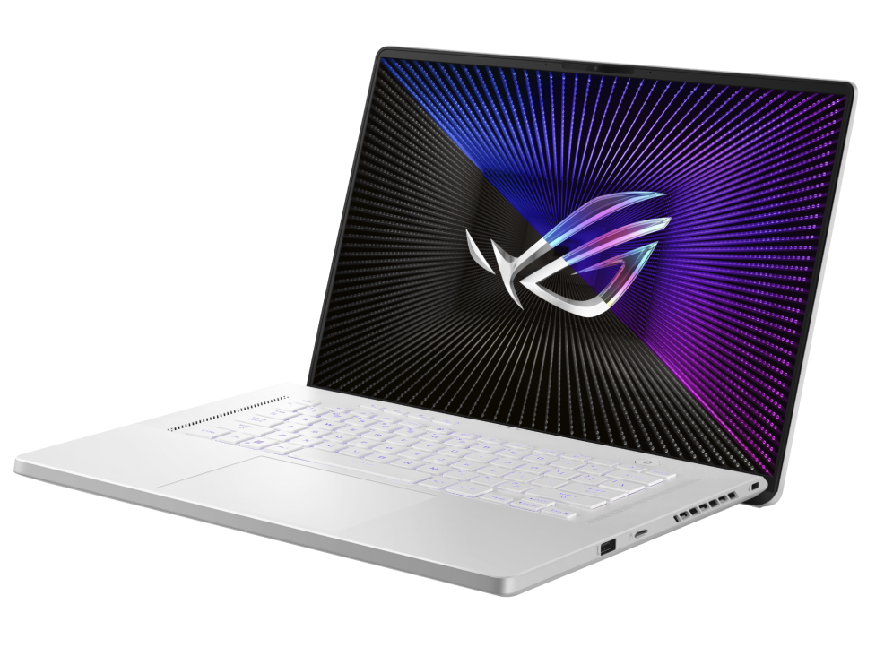 2023 Zephyrus G16 Off center view of the front of the Moonlight White Zephyrus G16, with the ROG Fearless Eye logo visible on screen