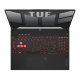 2023 TUF Gaming A15 Top down view of the TUF A15, with the TUF logo on screen, and the keyboard illuminated in red
