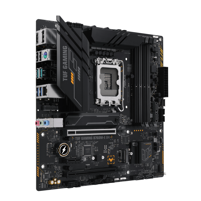 TUF GAMING B760M-E D4 front view, 45 degrees