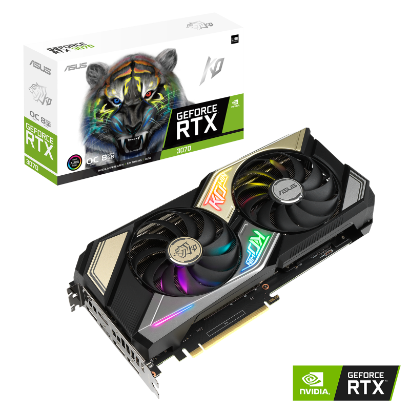 KO GeForce RTX 3070 V2 OC Edition packaging and graphics card with NVIDIA logo