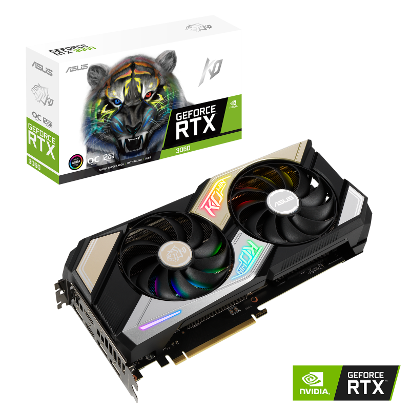 KO GeForce RTX 3060 OC Edition packaging and graphics card with NVIDIA logo