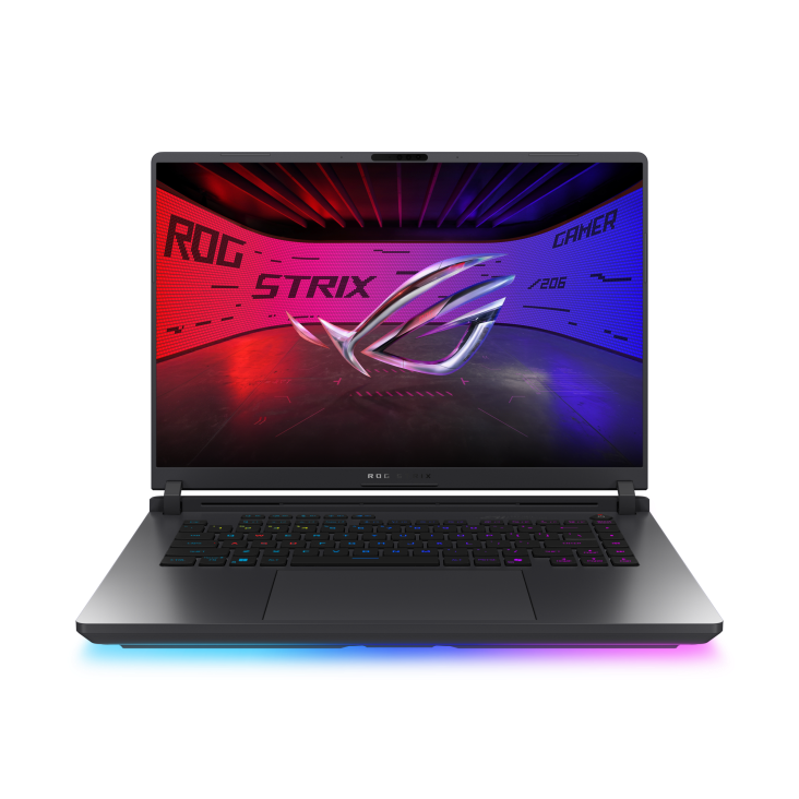 Shot of the Strix G16 with the with the lid open, with the ROG Fearless Eye logo on screen
