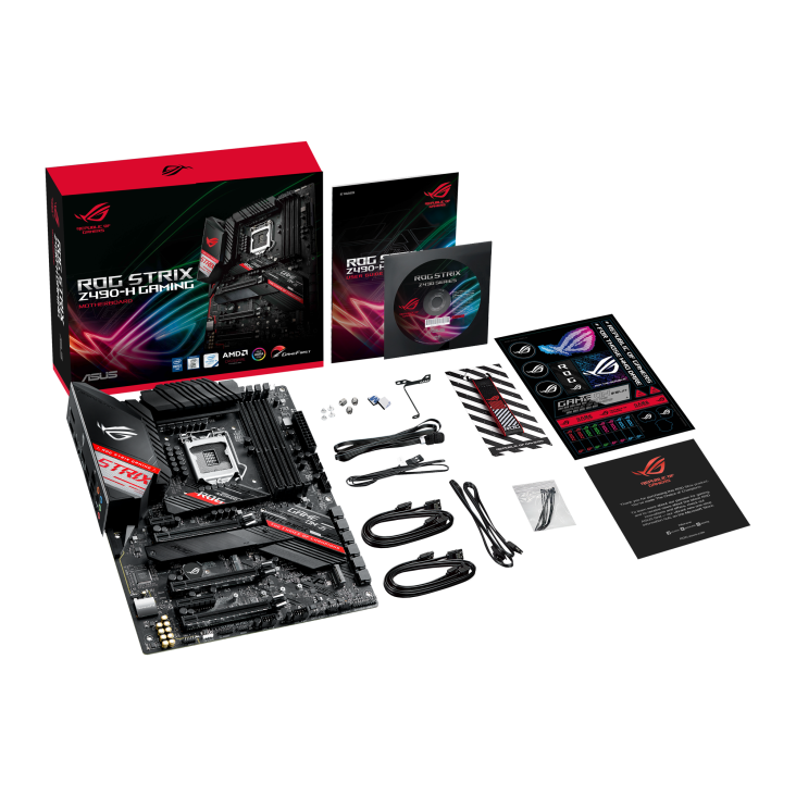ROG STRIX Z490-H GAMING top view with what’s inside the box