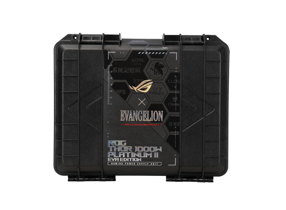 Front view of the ROG Thor 1000W Platinum II EVA Edition PSU packaging