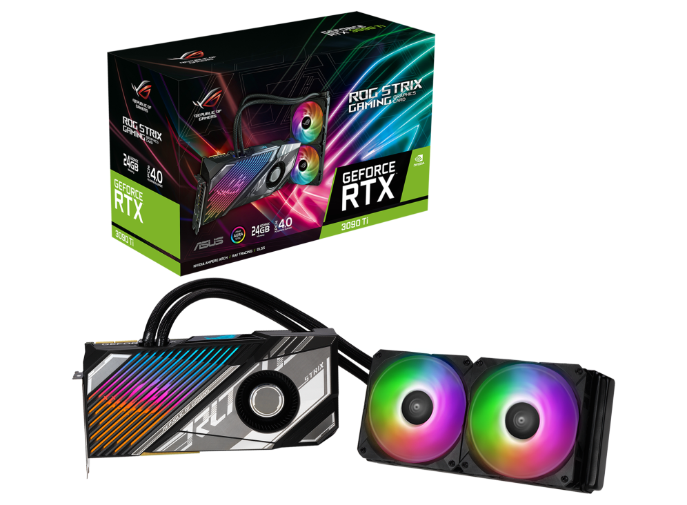 ROG Strix LC GeForce RTX 3090 Ti packaging and graphics card