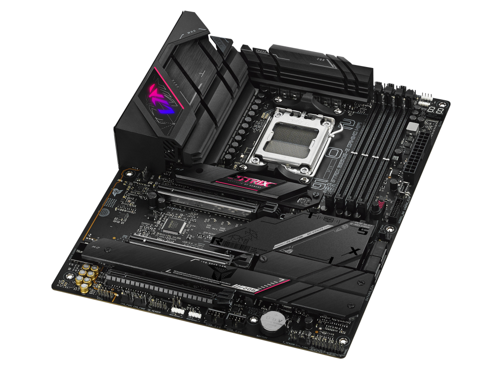 ROG STRIX B650E-E GAMING WIFI top and angled view from right