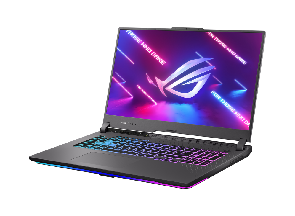 Off centered shot of the front side of the Strix G17 with ROG Fearless Eye logo on screen