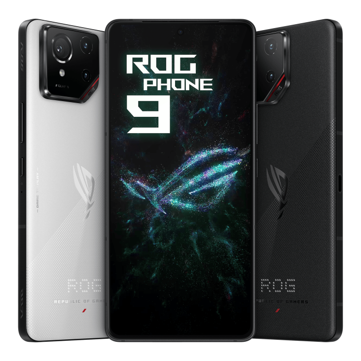 Two ROG Phone 9 devices in Phantom Black and Storm White are shown from a back-angled view, tilted at 45 degrees, with one ROG Phone 9 in the center displayed from a front-angled view.