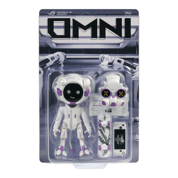 01-OMNI Figure WHITE in box with mask, tools box, rog ally and skateboard