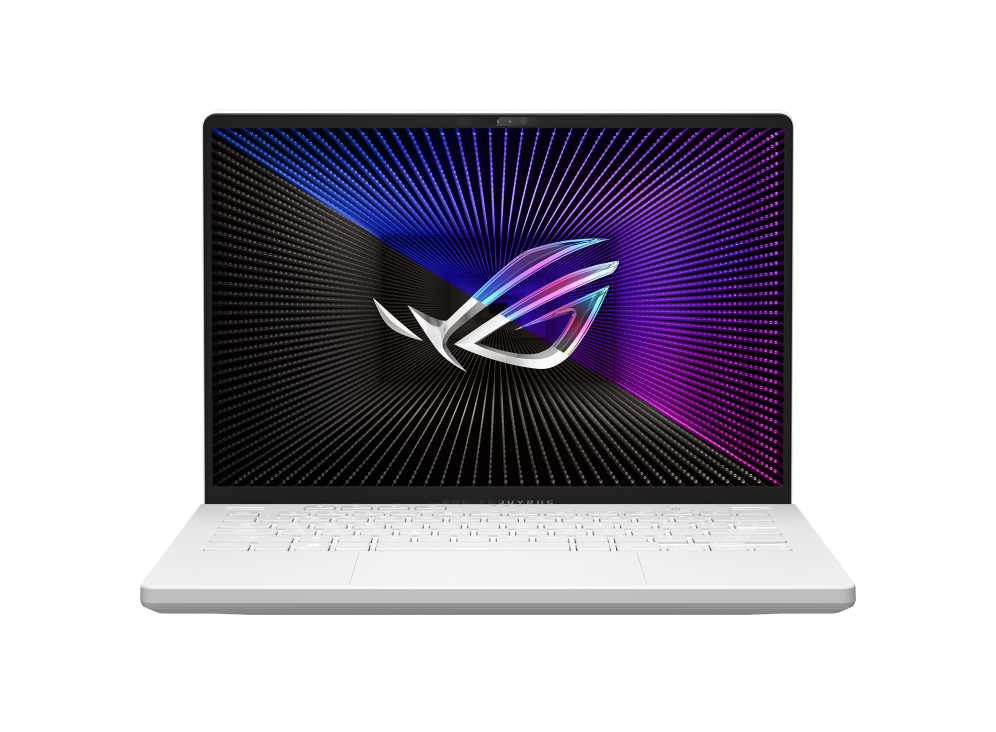 Front view of the Moonlight White Zephyrus G14, with the ROG Fearless Eye logo on screen