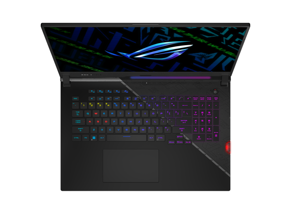 Top down view of the Strix SCAR 17 SE, with the ROG logo on screeen and keyboard illuminated.