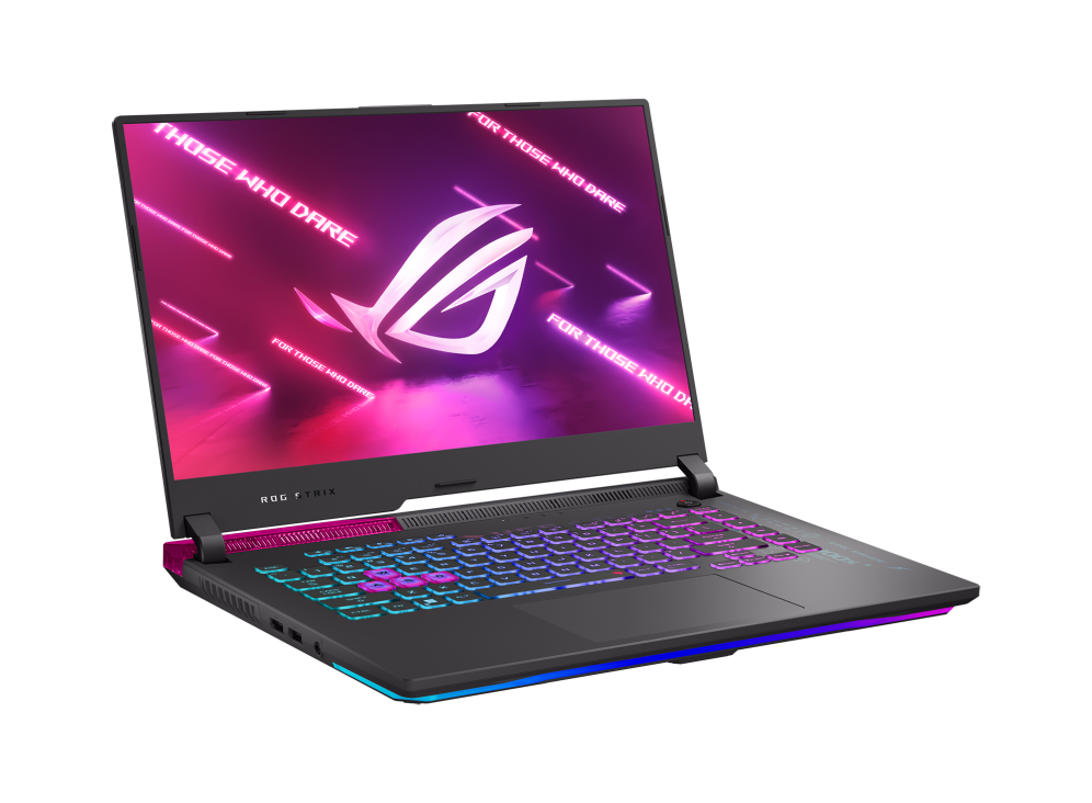 Off center front view of the Strix G15, with ROG logo on screen and RGB illuminated.